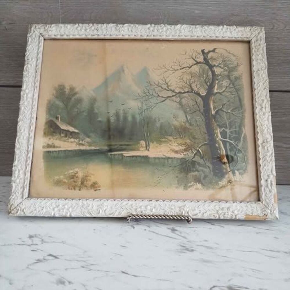 Vintage Framed Winter Landscape Print in Ornate Floral Relief Frame